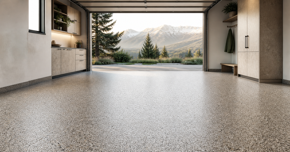 Light gray full-flake garage floor framed by built-in cabinets and an open mountain view